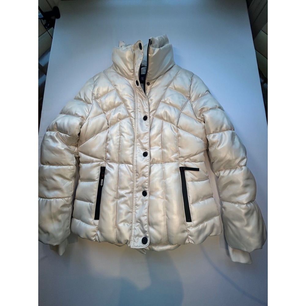 GUESS Puffer Jacket Women L Cream Metallic Quilted Funnel Neck
